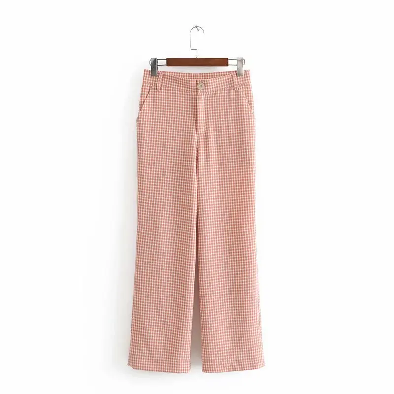 

Fashion High Waist Plaid Sexy Wide Leg Pants Women Casual Pink Zipper Loose Pants Female Full Length Trousers