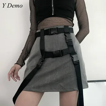 

Summer New Punk Buckles Strap A-line Skirt Casual Women High Waist Mini Skirts