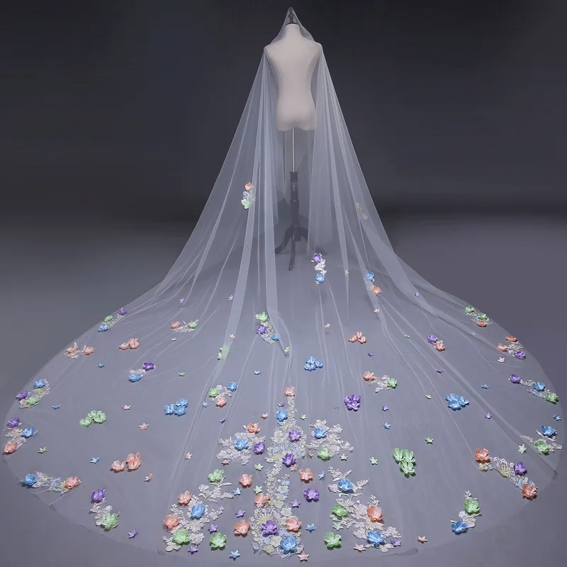 Новая мода соборный Свадебный вуаль один слой 3D красочная ткань цветок вышивка аппликация Свадебные вуали ручной работы