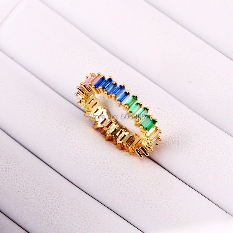 

6PCS, Multi Colored baguette cz band ring, rainbow crystal zirconia finger rings