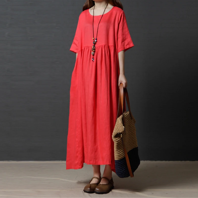 

Womens Plus Size Loose Short Sleeve Cotton+linen Kaftan Tunic Long Maxi Dresses