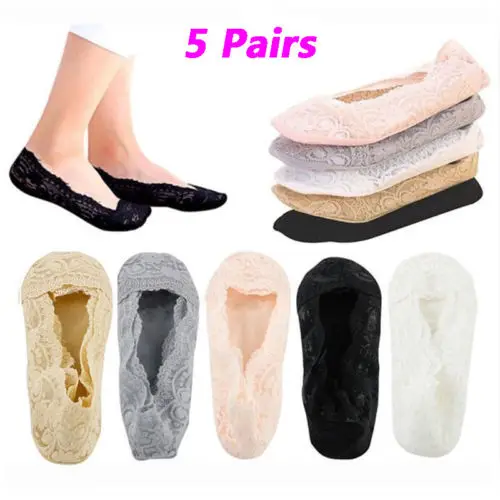 

5 Pairs Ladies Skin Shoe Liners Footsies Invisible Thin Lace Socks Slippers Women Cotton Stretch Ankle High Sheer Socks