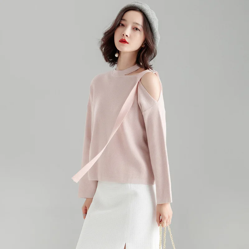 

Knitwear female 2018 autumn and winter o-neck sweater female Korean loose strapless long-sleeved knitted bottoming sweater f9324