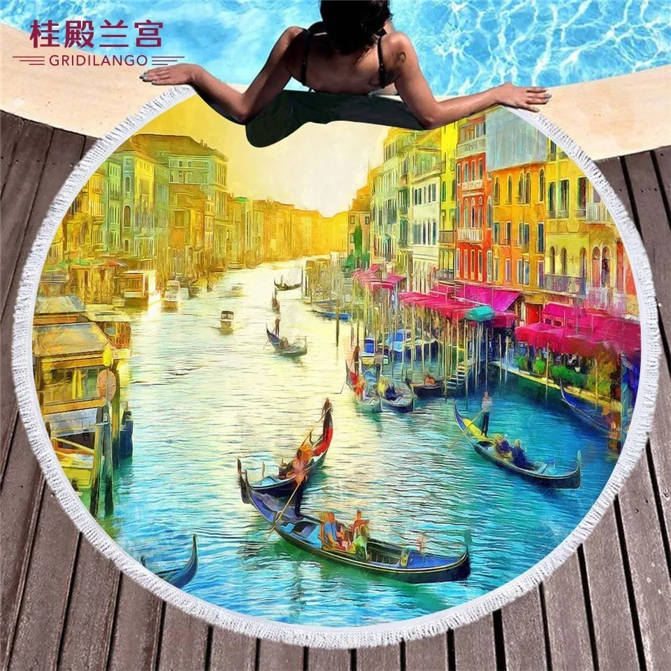 

GRIDILANGO Oil Painting Architectural Round Beach Towel For Adult Quickly Absorbtable Swimming Outdoor Home Yoga Mat Bath Towel
