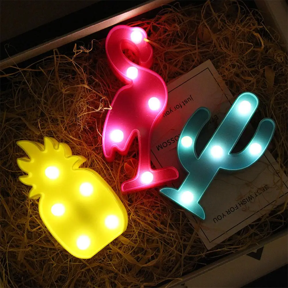 Mini 3D Flamingo LED Table Night Light Marquee Sign Cactus Pineapple Table Night Lamps for Kids Children Gift Desk Bedroom Decor