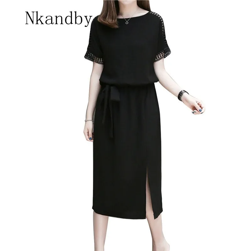 

Nkandby Plus Size Womens Dress Summer Elegant Hollow Out Batwing Sleeve Waist Banding Femme Dresses Stylish OL Large Vestido
