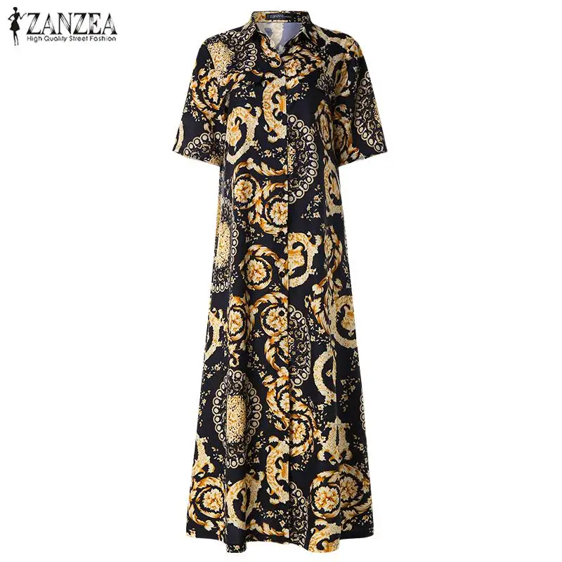 2019 زائد حجم ZANZEA فستان صيفي البوهيمي طباعة حزب قميص Vestido المرأة التلبيب كم قصير سبليت ماكسي طويل فستان الشمس فام