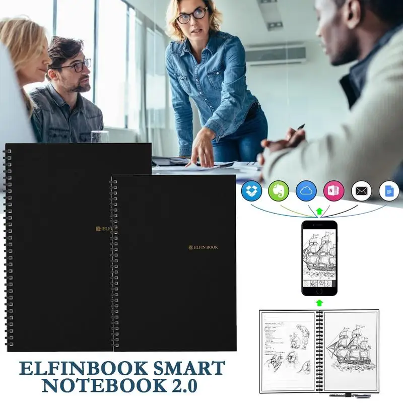 

Elfinbook 2.0 Smart Notebook Reusable Notebook Spiral Wirebound Microwave Erasable Cloud Erase Notepad Note Pad Lined Wit