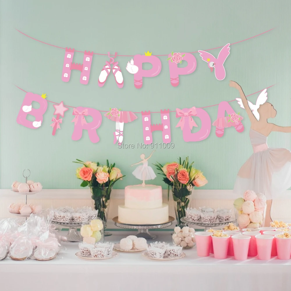 Розовое балетное украшения для тематических вечеринок-пачка с принтом в виде бабочек, счастливые Баннеры для дня рождения для девочек на день рождения, детский душ вечерние поставки