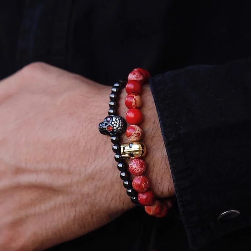 

New Punk Skull Men Bracelet 2019 Fashion 2pcs/set Batman Red Stone Charm Strand Bracelet For Men Jewelry Pulsera Hombr