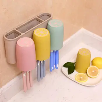 

Dust-proof Toothbrush Holder Storage Rack with 3 Lemon Pattern Cups Set