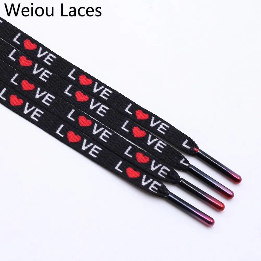 Weiou Flat Single Layer Network Laces With Sublimation Heat Transfer Printed Love Shoelaces Digital Print Black With Metal Tips