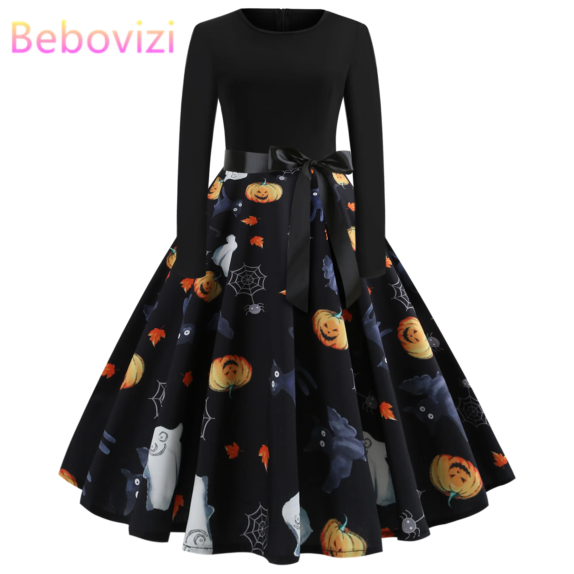 

Halloween Party Dress Women Winter Long Sleeve Elegant Vintage Dresses Plus Size Pumpkin Print Patchwork Midi Autumn Dress