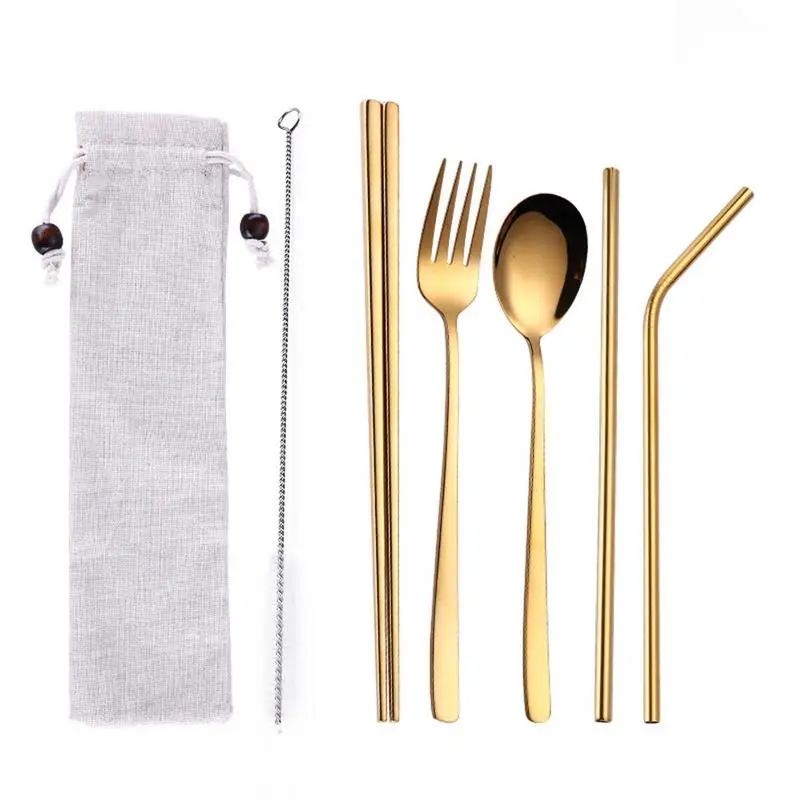 

5PCs/Set Stainless Steel Flatware Set Reusable Cutlery Set Travel Utensils Set with Straws for Camping Office or School Lunch