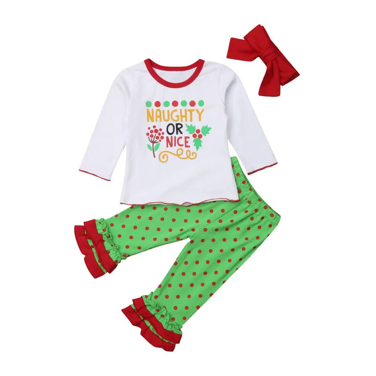 

1-5T Toddler Kids Baby Girl Long Sleeve Letter Print Cotton T-shirt Tops Dot Flared Pant Bell Bottom Headband 3PCS Clothing Set