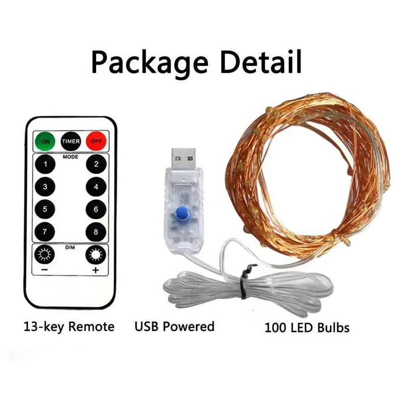 USB 8 режимов 10 м 100 светодиодный свет шнура Рождество водонепроницаемый медный провод светодиодный Сказочный свет батарея питание дистанционное управление