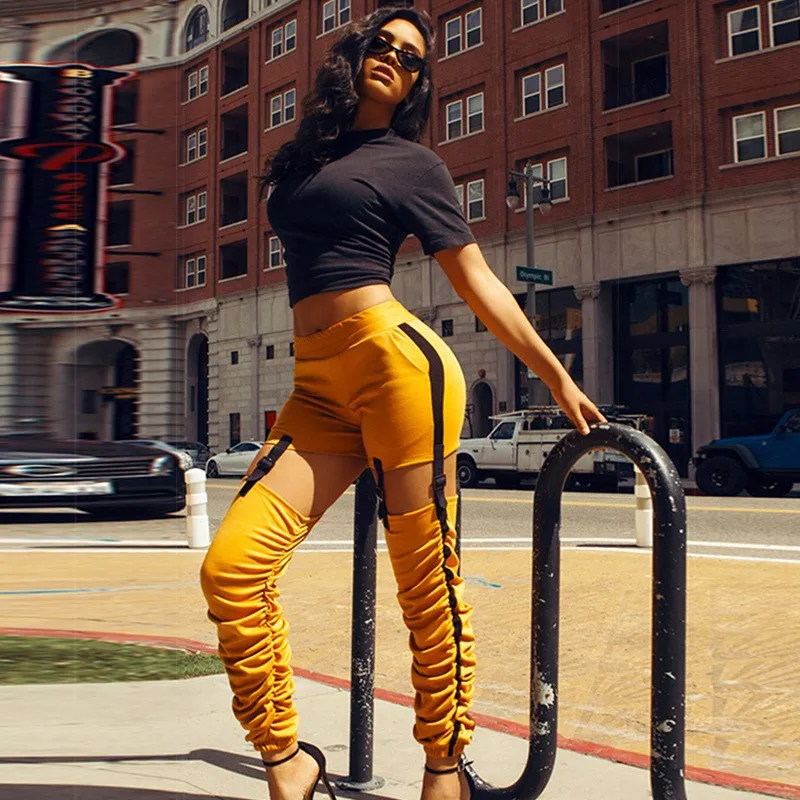 

Women 2019 New Fashion Pencil Pants Letter Sexy Hollow Out Sashes Irregular High Waist Pants Solid Casual Trousers