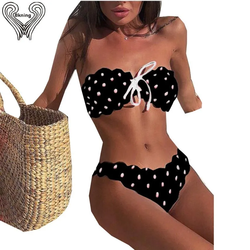 

4 Colors Ribbed Bandeau Bikinis Set Push Up Swimsuit Polka Dot Bikini 2019 Scalloped Swimwear Women High Cut Swim Suit Female