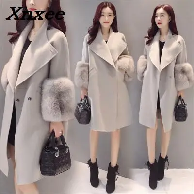 

Autumn winter new women woollen overcoat medium long slim woollen coat loose outwear female trench coats Xnxee
