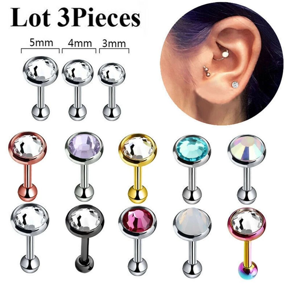 3pcs Clous D'Oreilles Tragus Cartilage Barbell Ear Body Piercing Jewelry Women 16 G 
