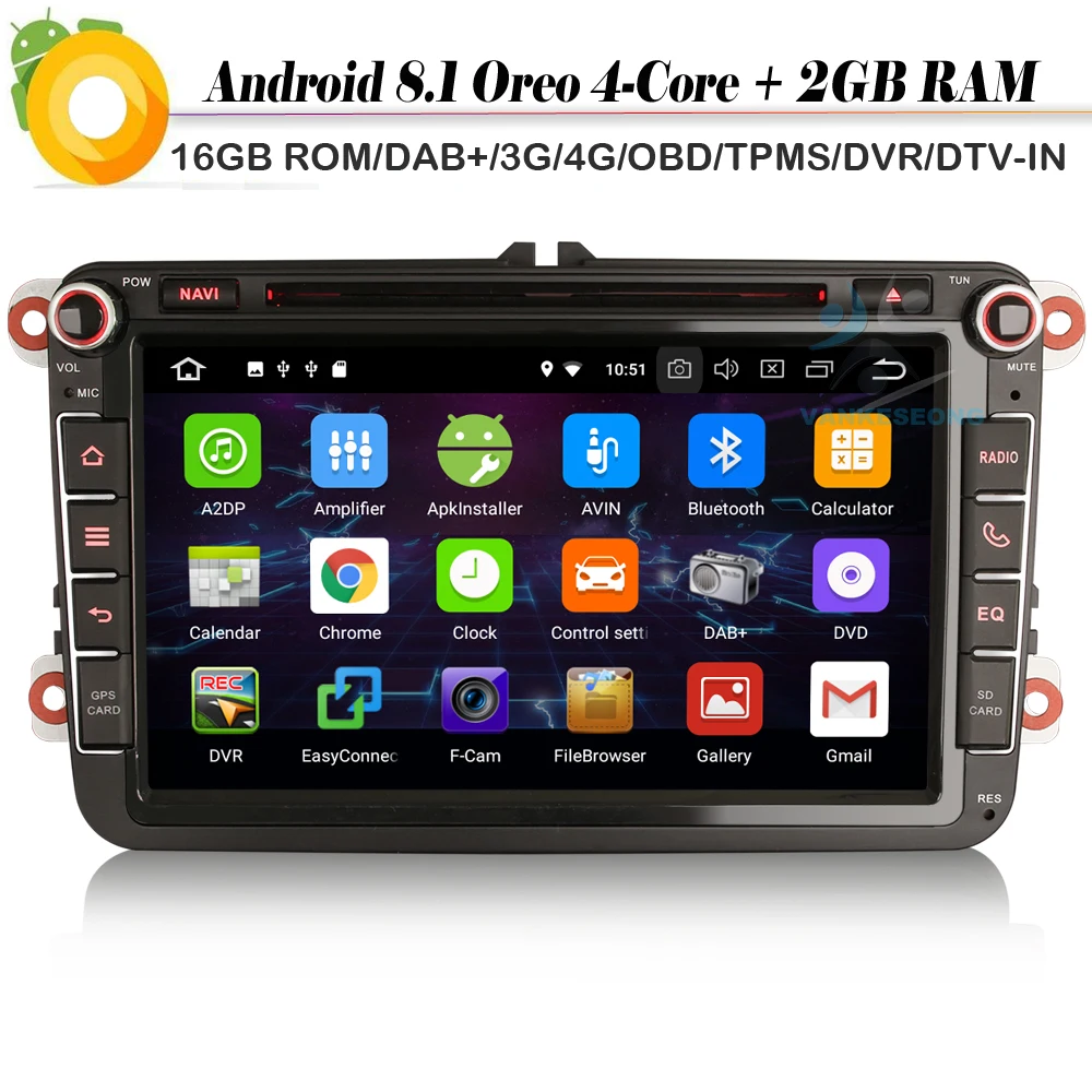 DAB+4G FOR PASSAT GOLF Polo EOS Touran TIGUAN T5 Android 8.1 Autoradio Quad Core Car stereo Car CD Player WiFi GPS Radio DVR OBD