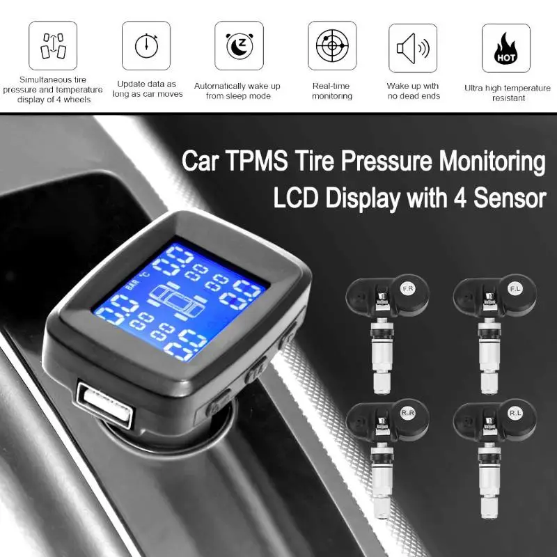 

Universal 12V Car Wireless TPMS Tire Pressure Monitoring System Cigarette Lighter LCD Digital Display With 4 Sensors