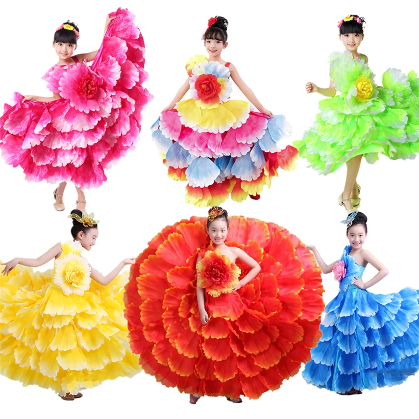 

6Color Spanish Dress for Girls Flamenco Dance Gypsy Skirts Stage Performance Wear Chorus Dresses Petal Kids Costumes 100-160CM