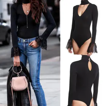 

Newly Women Flare Sleeve Deep V Neck Lace Sexy Hollow Patchwork Lace Bodycon Party V Ladies Bodysuit Jumpsuit Leotard Tops