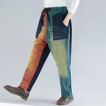 Зимние женские джинсы из флиса с эластичной резинкой на талии, лоскутные Широкие джинсовые штаны-шаровары, свободные винтажные вельветовые ковбойские брюки на шнурке