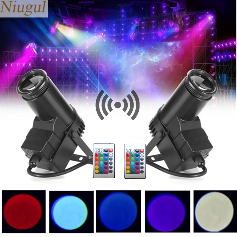 

2pcs/lot Wireless Remote Control 10W Pinspot Light /RGB LED Spotlight For Party DJ Disco Mirror Ball/Beam Effect Stage Lighting