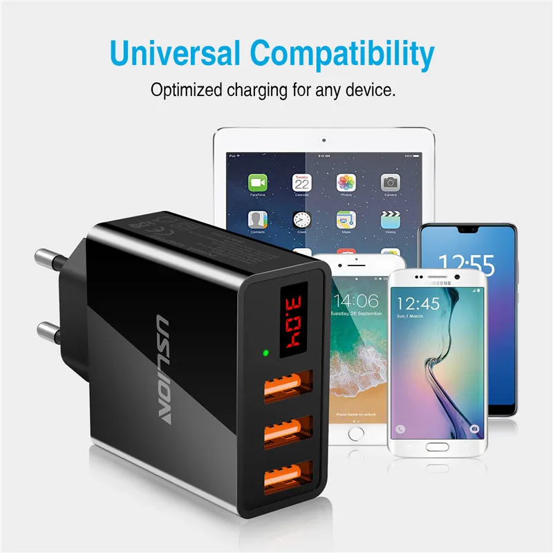 USLION светодиодный дисплей 3 USB зарядное устройство Быстрая зарядка настенное для