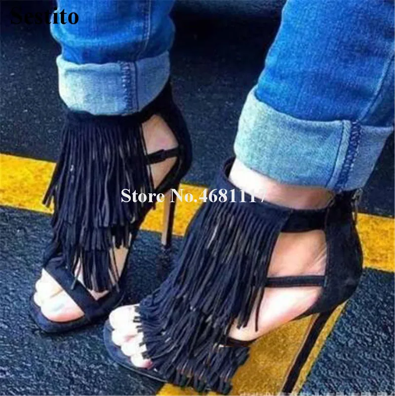 

Women Fashion Style Open Toe Suede Leather Stiletto Heel Tassels Gladiator Sandals Fringes Charming High Heel Sandals