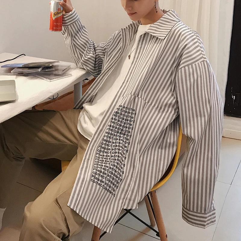 

Men's Shirt 2019 Spring New Long Sleeve Striped Print Lapel M-2XL Loose Casual Youth Personality Wild Men's Wear