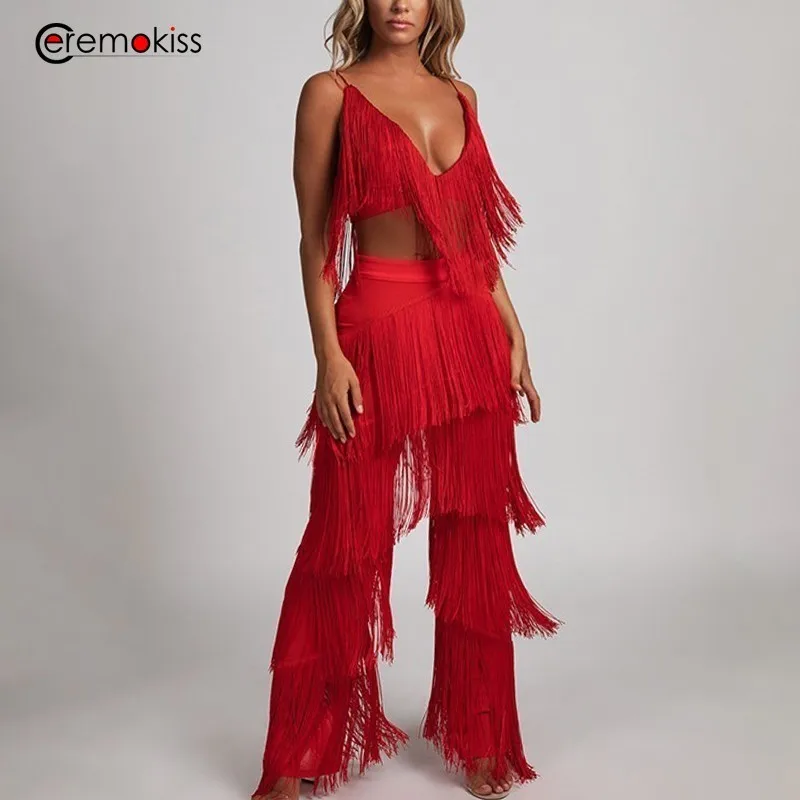 

Ceremokiss V Neck Summer Women Coloths Two Piece Set Crop Top And Pants Sexy Red Outfit Tassel Backless Strapless2 Piece Sets
