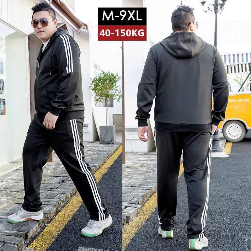 رياضية الرجال أسود الركض 2 اثنين من قطعة مجموعة بذلة رياضية Sweatpants زائد حجم 6XL 7XL 8XL 9XL الفتيان هوديس رجالي الملابس مجموعات