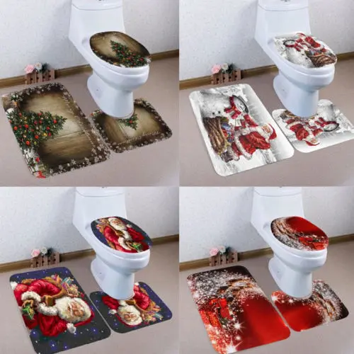 

Hot Christmas Print Decorations 3pcs Toilet Seat Covers Bathroom Rug Mat Set