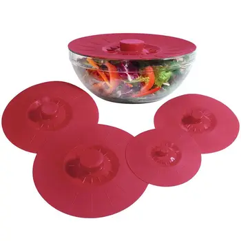 

Silicone Bowl Lids red Set Of 5 Reusable Suction Seal Covers For bowls pots cups. Food Safe Natural grip Interlocking Hand