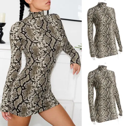

2019 Thefound Women Sexy Dress Faux Snake Skin Sexy Long Sleeve Bandage Club Autumn Clothing Cocktail Ladies Bodycon Mini Dress