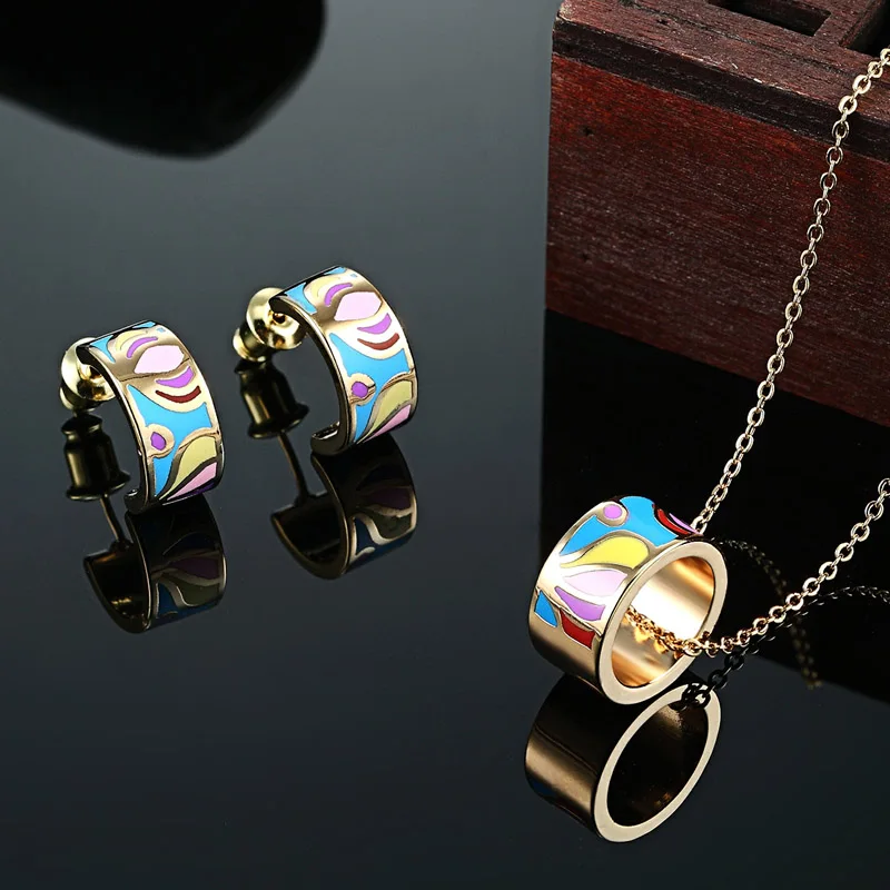 

Colorful Enamel Stainless steel Jewelry Sets For Women Chain Pendant & Necklace Sets Perfect Women Vintage Brincos Accessories