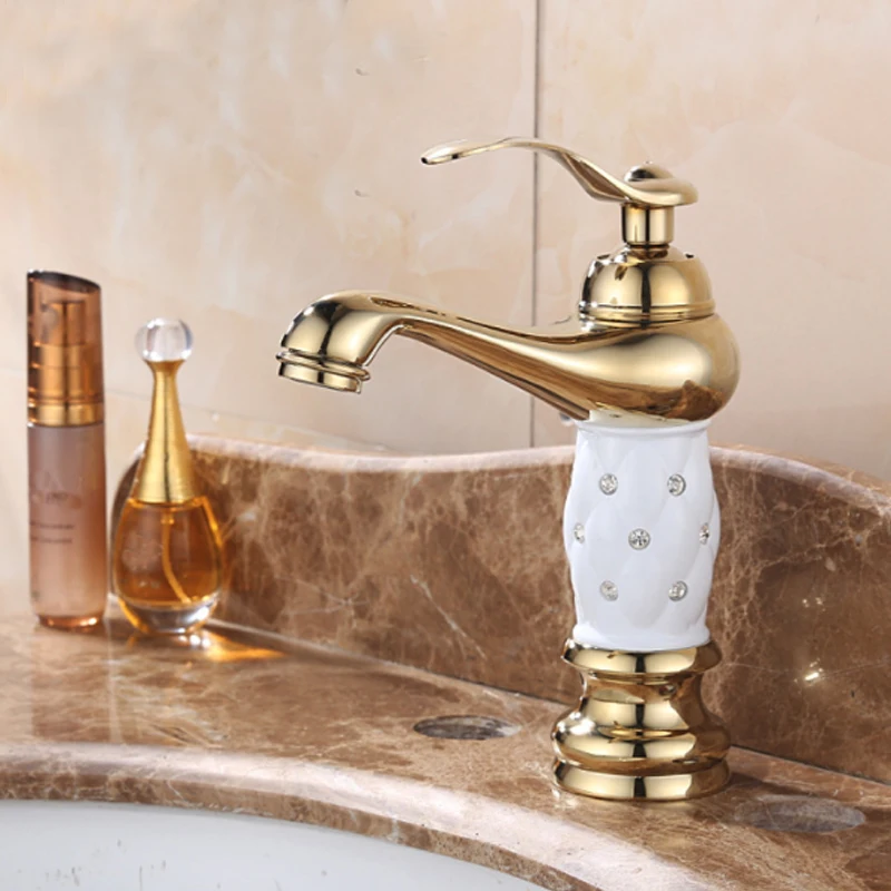 Günstige Becken Armaturen Messing Mit Diamant Bad Wasserhahn Gold Mischbatterie Klassischen Europäischen Einzigen Handgriff Hot   Cold Waschbecken Wasserhahn