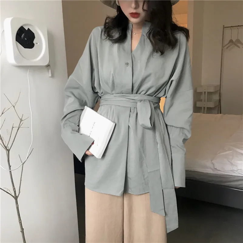 

Stylish Skilled solid color commuter shirt casual simple waist lacing V-neck Natural drape slimming long sunscreen shirt Female