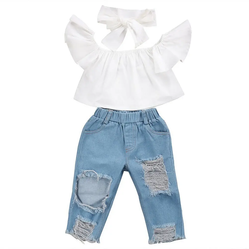 

Toddler Kid Girl Off Shoulder Ruffles Tops Denim Pant Solid Headband Outfit Set 3PCS Summer Causal Cool Baby Girl Clothes Set
