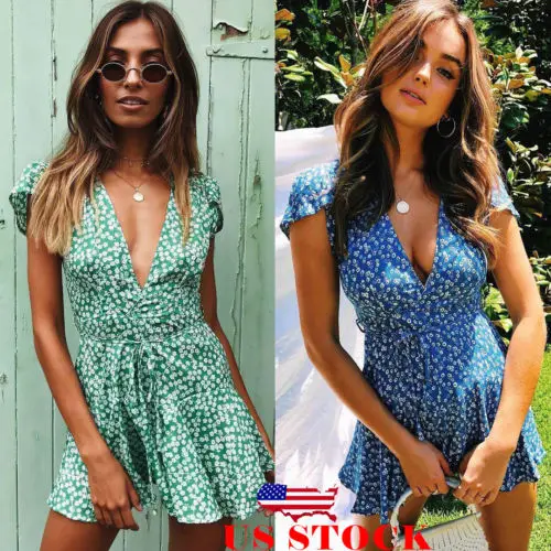 

Women Boho V-neck Floral Summer Party Evening Beach Short Mini Dress Sundress