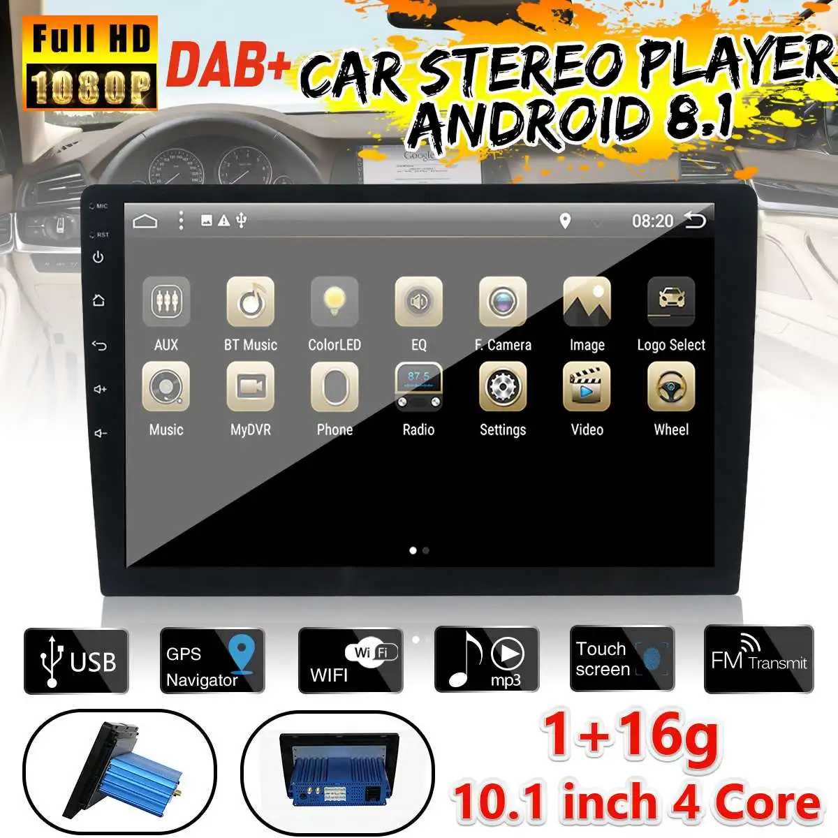 

Universal 10.1 Inch 1 Din Car Multimedia Player Stereo Radio Audio Android 8.1 Quad-core MP5 Player GPS bluetooth DAB Wifi 4G