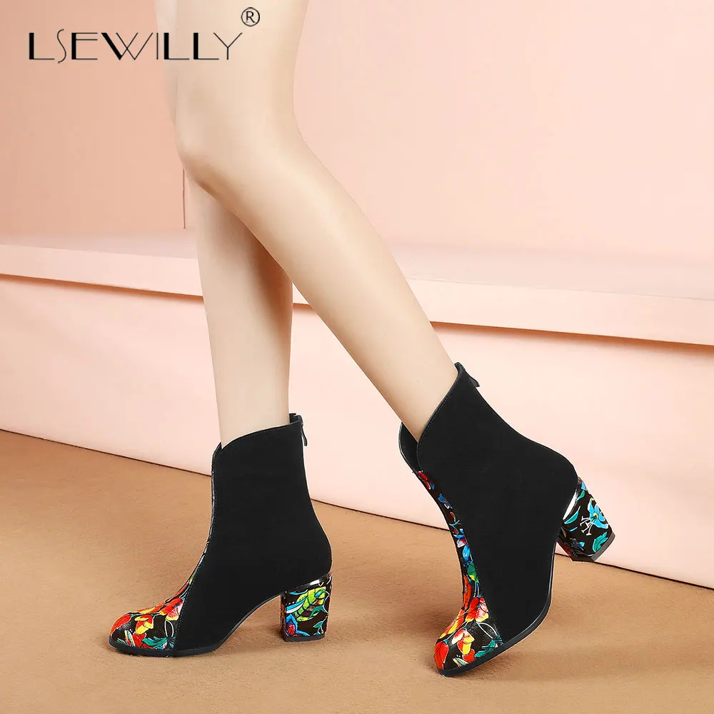 

Lsewilly Winter Women Shoes Fashion Embroider High heels Round Toe Floral Ankle Boots Square Heels Shoes Plus Size 33-43 E398