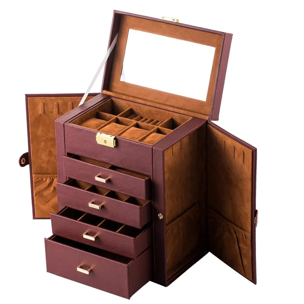 

5-layer Jewelry Storage Box Synthetic Leather Box Mirrored Watch Organizer Necklace Ring Earring Storage Lockable Gift Case