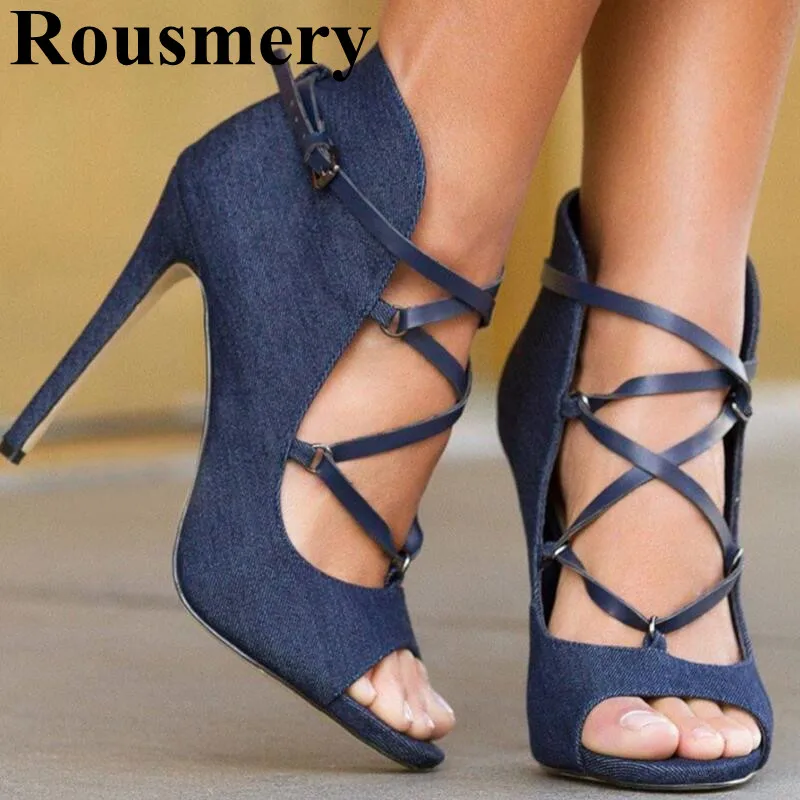 

Summer Denim Cross-tied Buckle Strap Design Sexy Thin High Heel And Peep Toe Solid Sample Women Sandals