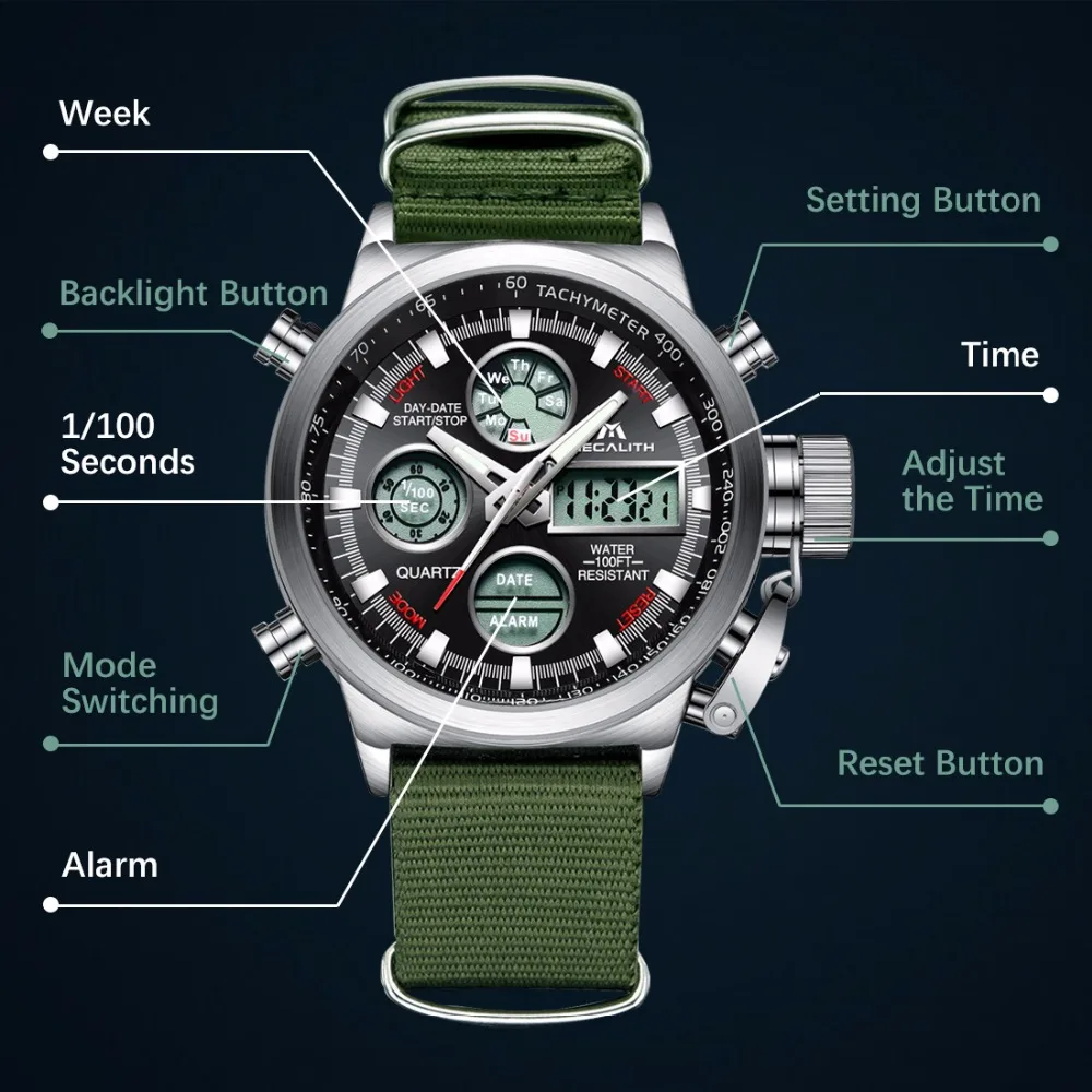  MEGALITH Men's Sports Watches Digital LED Fashion Analog Men Wrist Watch Waterproof Army Green Leat