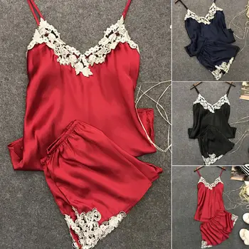 

Women Sexy Summer Silk Lace Sleeveless V-Neck Babydoll Pajama Sets Nightgown Sleepwear Set 2pcs
