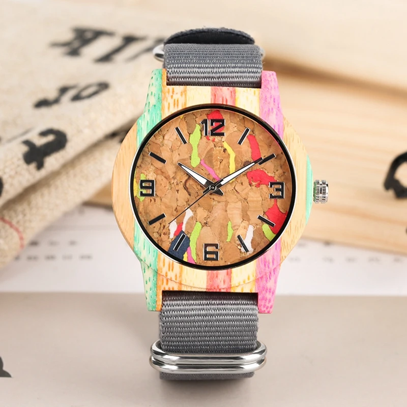 Creative Cork Slag Striped Colorful Wood Watch Men s Luminous Hands Clock Ladies Dress Nylon Band 1